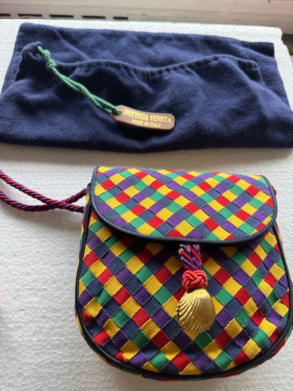 Vintage Bottega Veneta woven grosgrian ribbon colorful small flap bag with cord